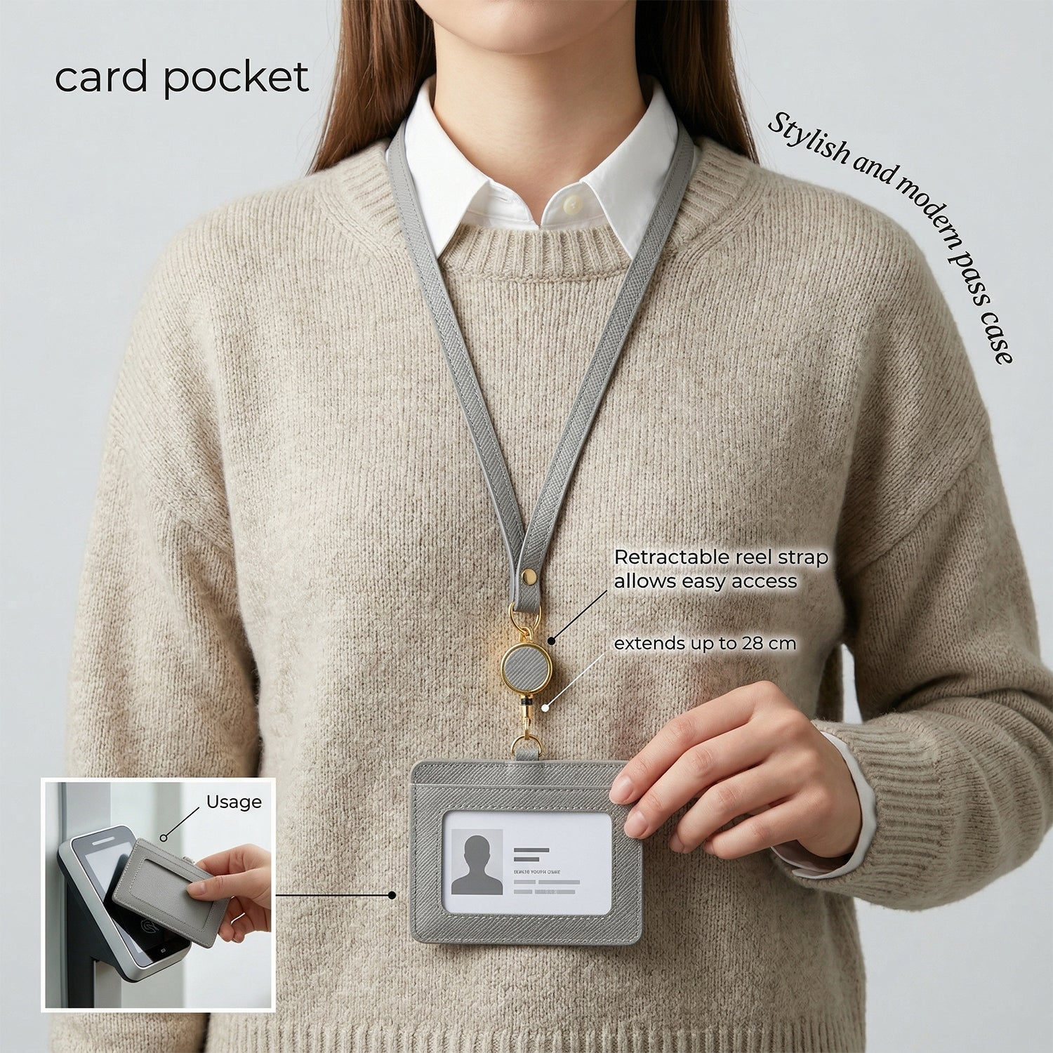 Wukusy premium id card holder with adjustable neck strap, clear plastic window for badges, black design, and secure clip attachment.