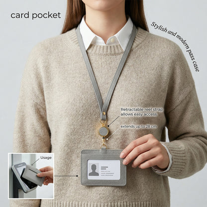 Wukusy premium id card holder with adjustable neck strap, clear plastic window for badges, black design, and secure clip attachment.