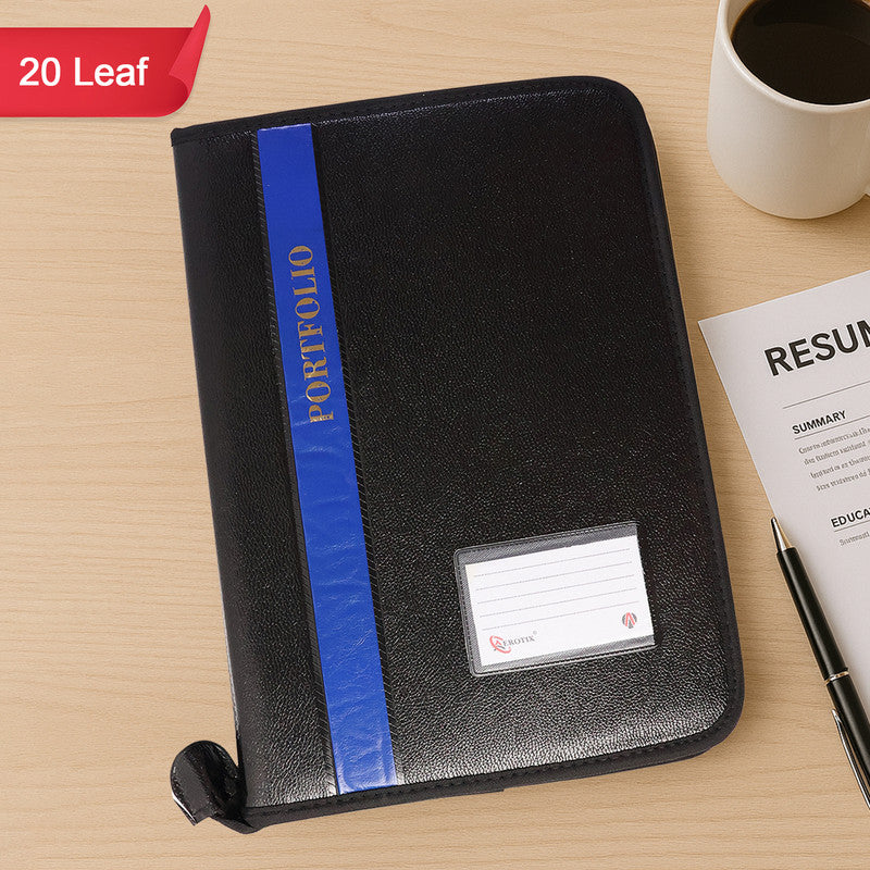 Wukusy Aerotix A4 portfolio file with zipper, 20 leaf professional document organizer folder, showing black leather exterior and zipper closure.