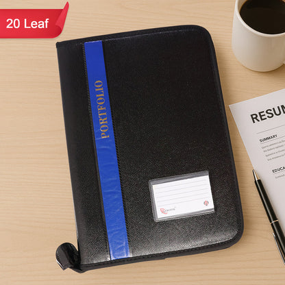 Wukusy Aerotix A4 portfolio file with zipper, 20 leaf professional document organizer folder, showing black leather exterior and zipper closure.