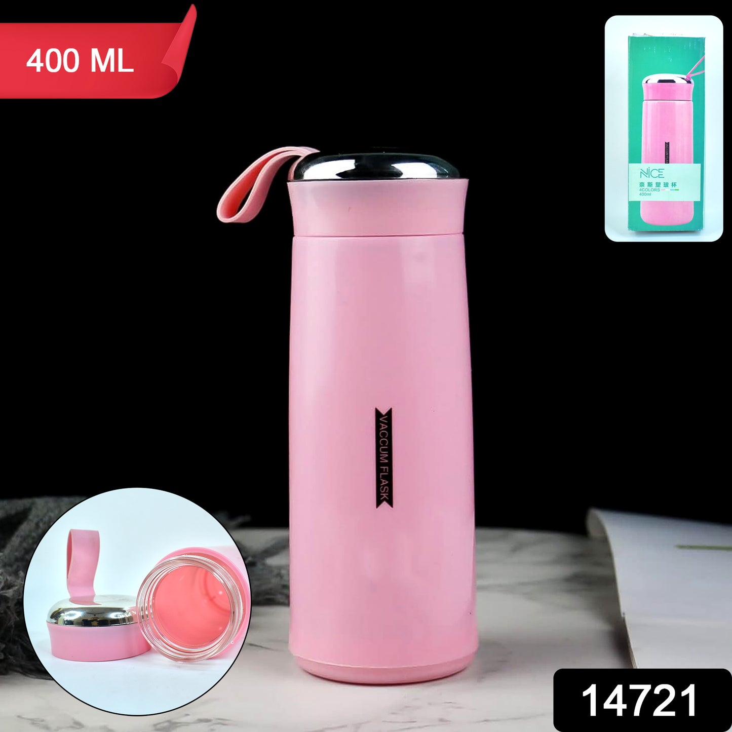 Pink 400ml Wukusy leak-proof glass water bottle for gym and children, featuring daily water intake markings, in a home and kitchen setting.