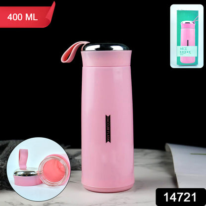 Pink 400ml Wukusy leak-proof glass water bottle for gym and children, featuring daily water intake markings, in a home and kitchen setting.