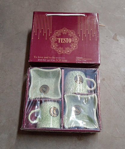 Wukusy Festo ceramic tea cups and mugs set with serving bowl, milk cup, and snack tray for household or outdoor use