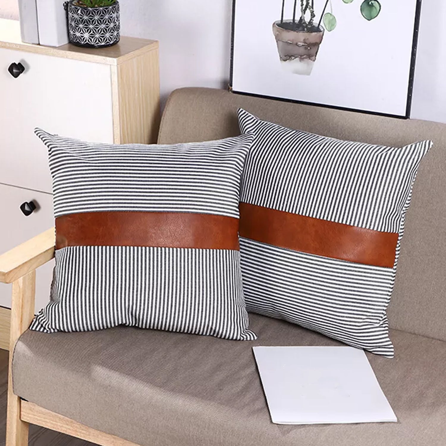 Pair of Wukusy leather and cotton pillow covers, 20x20 inches, stylish cushion covers for home decor, set of 2.
