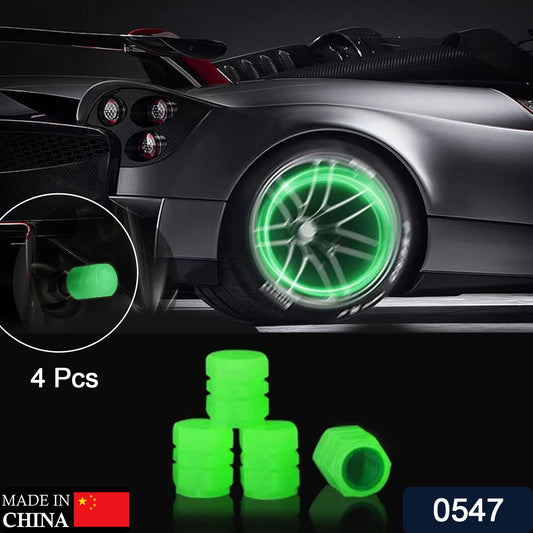 Set of 4 luminous glow car tyre valve caps by Wukusy, automotive tire air stem covers with bright, visible glow.