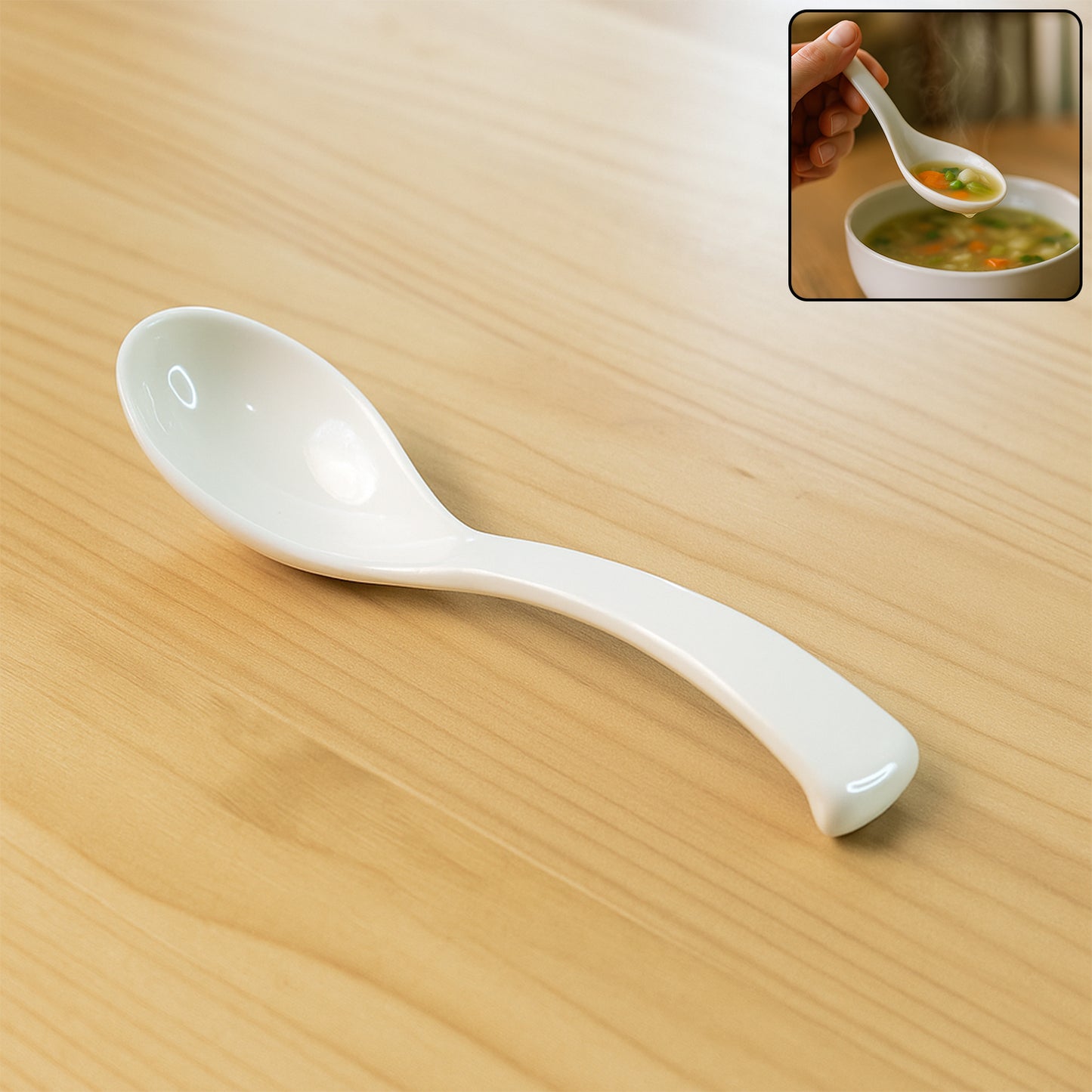 White plastic soup spoon with deep bowl from Wukusy, ideal for serving soups and liquids in home and kitchen settings.