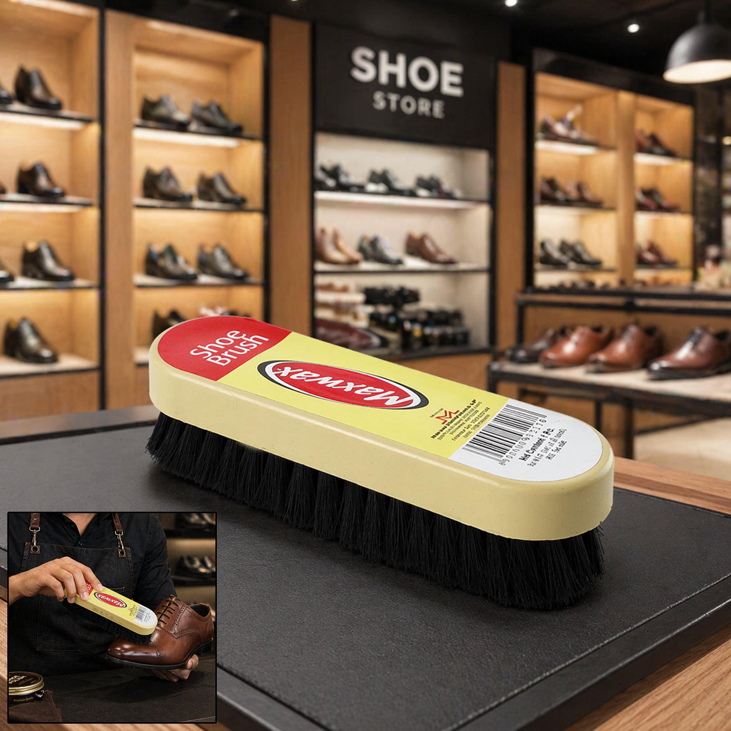Wukusy Maxwax Shoe Cleaning Brush with wooden handle and bristles for shoe polishing and maintenance.