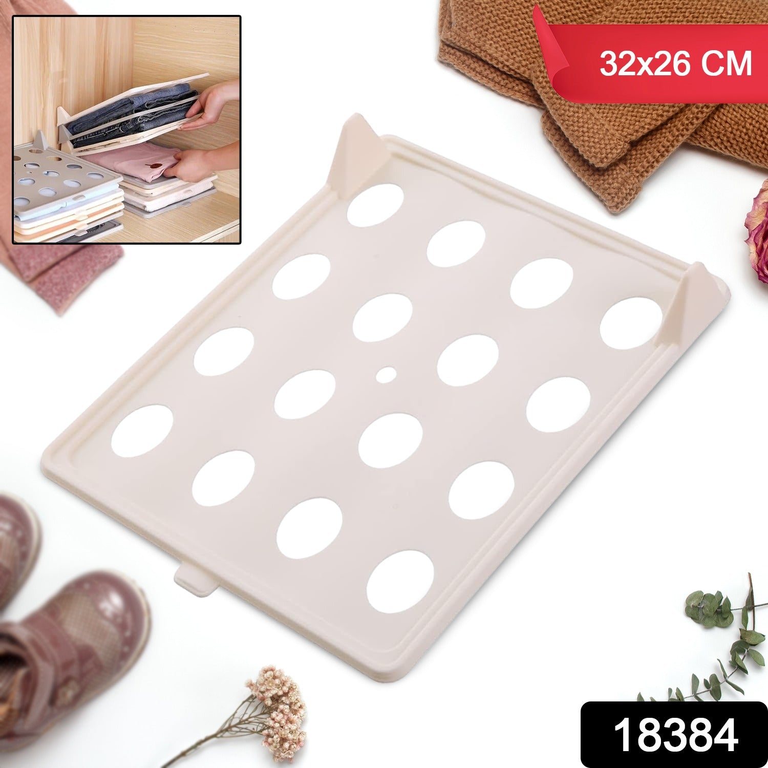 Wukusy stackable shirt folding board lying flat on a surface, showing neat, uniformly folded shirts for home organization.