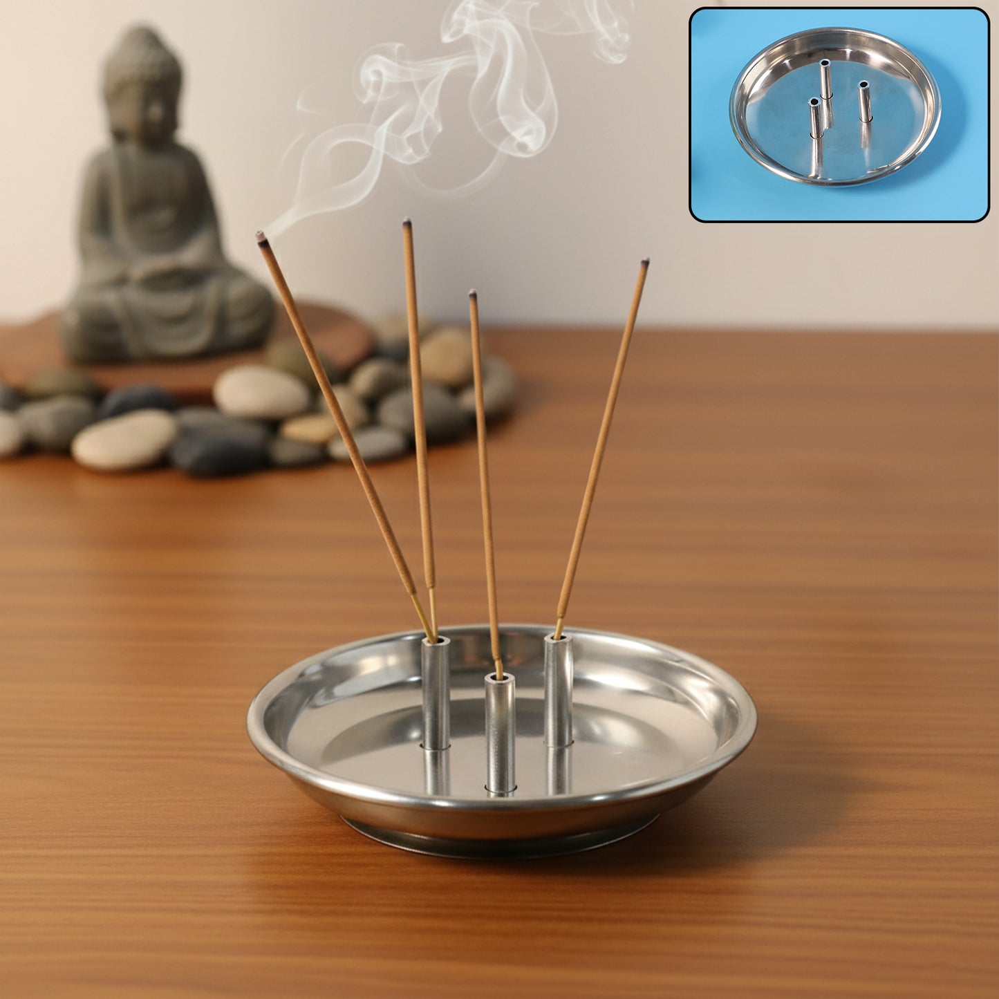 Stainless steel Lotus Agarbatti stand with triple stick holder by Wukusy, featuring a decorative lotus design for incense sticks.