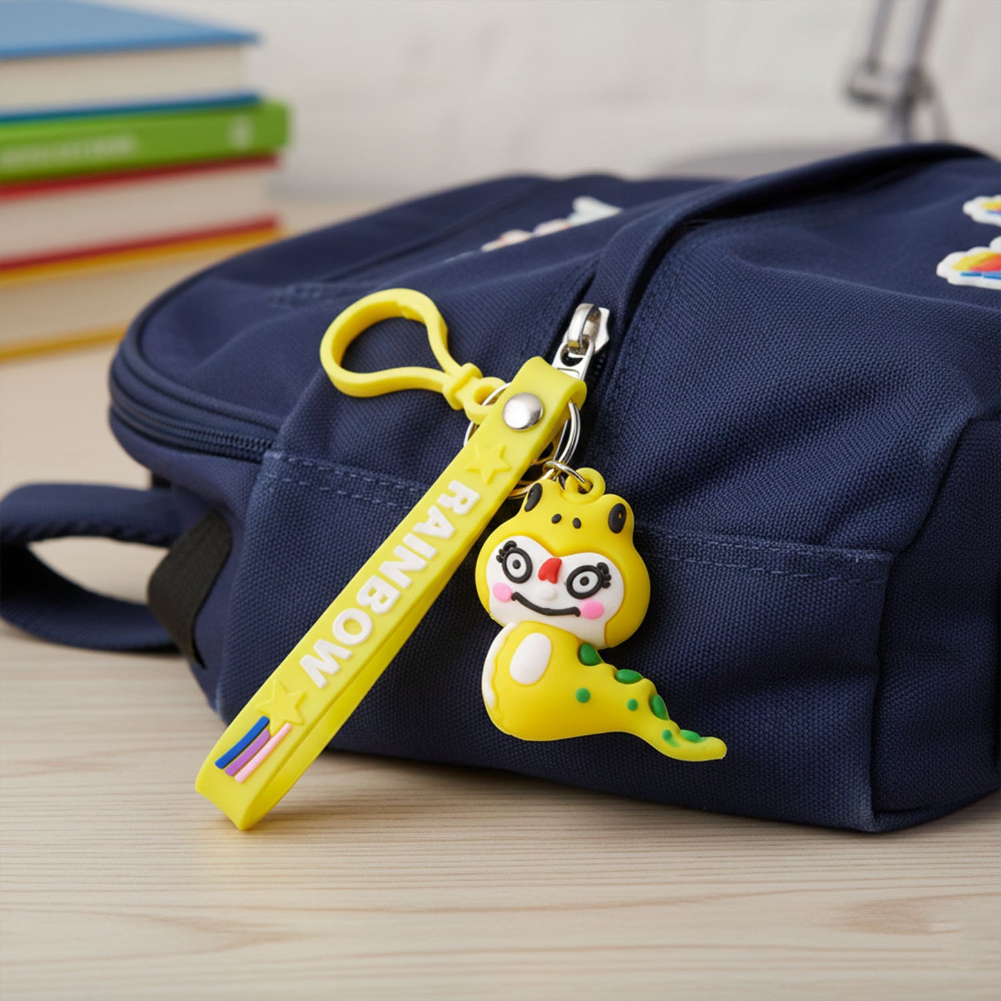 Cute cartoon dinosaur keychain by Wukusy featuring a colorful, smiling dinosaur charm on a metal keyring.