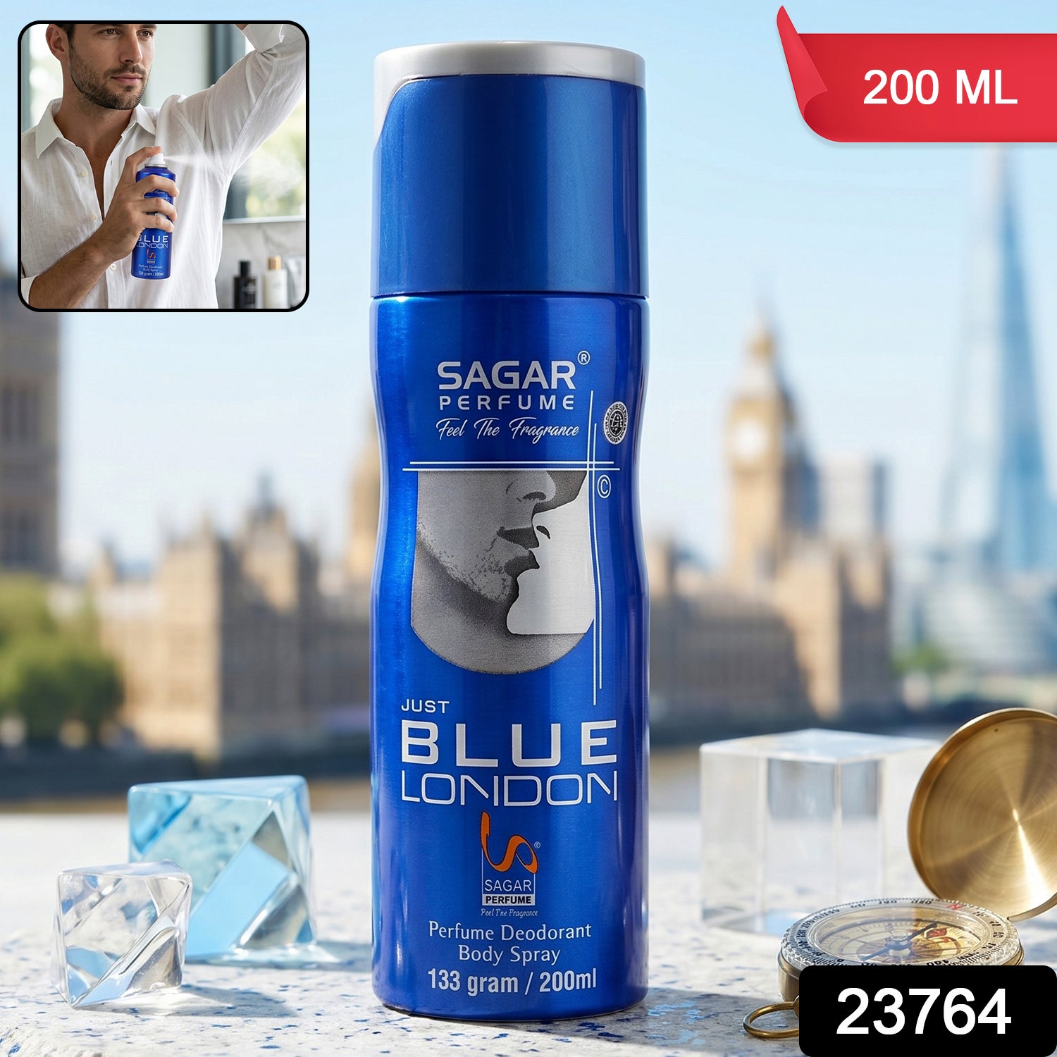 Wukusy Sagar Just Blue London perfume body spray deodorant for men, 200 ml bottle with sleek blue packaging.