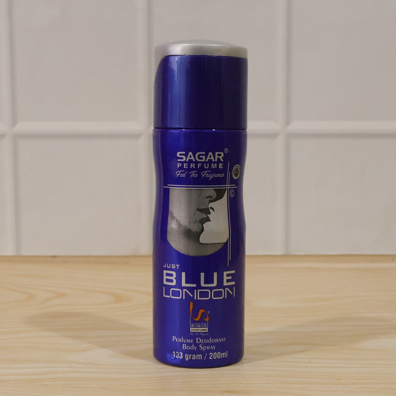 Wukusy Sagar Just Blue London perfume body spray for men, 200ml bottle with sleek packaging and blue accents.