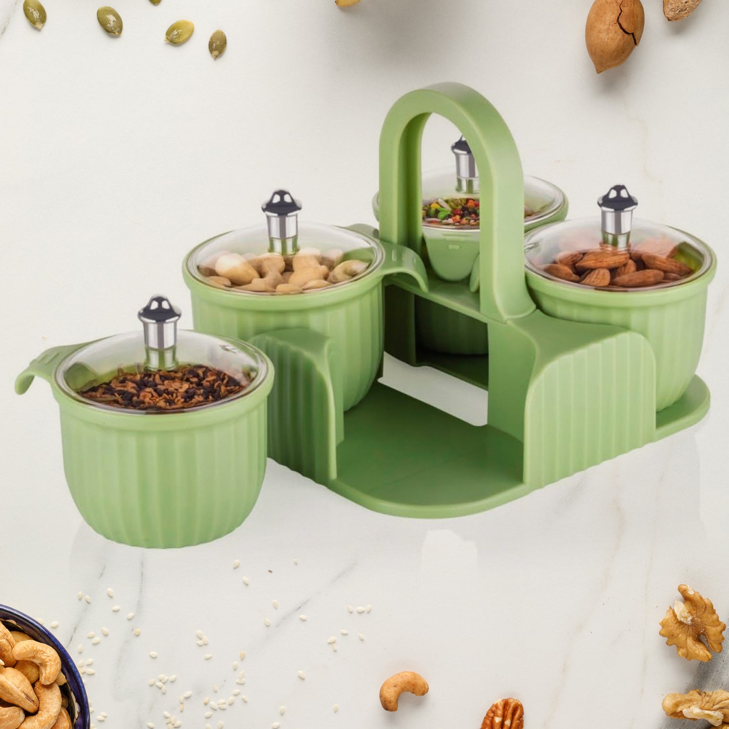 Set of four Wukusy plastic jars for dry fruits, candies, and snacks with airtight lids, ideal for home kitchen storage.