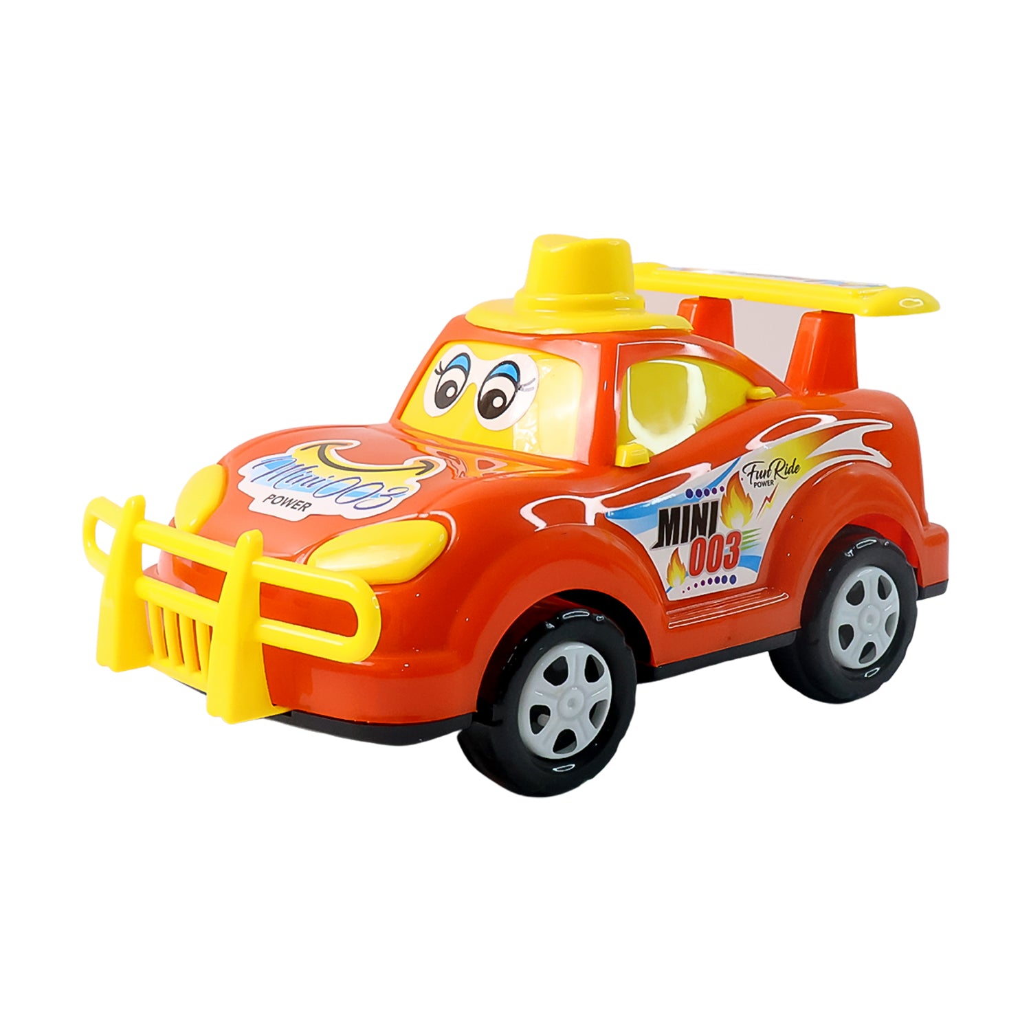 Wukusy Funwoods friction-powered cartoon racing car toy with colorful design, suitable for children, on a plain background.
