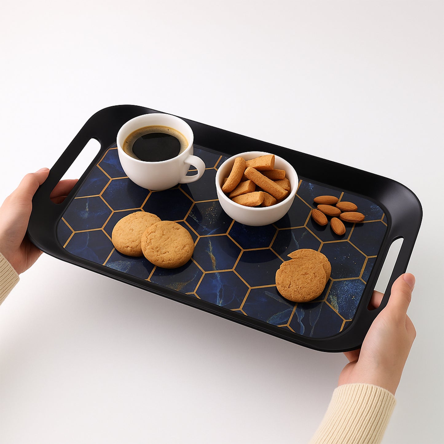Three Wukusy premium plastic serving trays in clear, lightweight design, stacked and ready for serving.