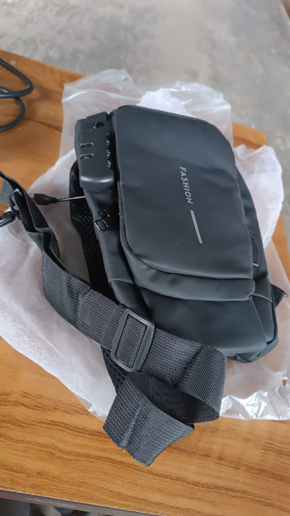 Wukusy trendy anti-theft crossbody sling bag with USB charging port, travel-style with sleek black design and adjustable strap.