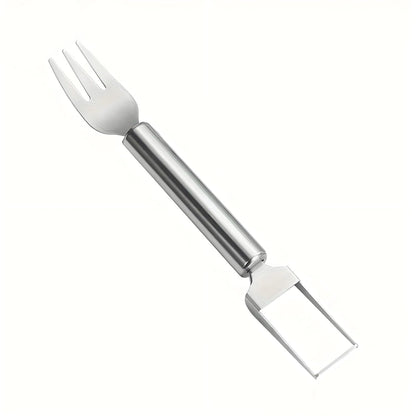 Stainless steel 2-in-1 watermelon slicer and cutter with fork, Wukusy fruit tool for easy watermelon serving and slicing.