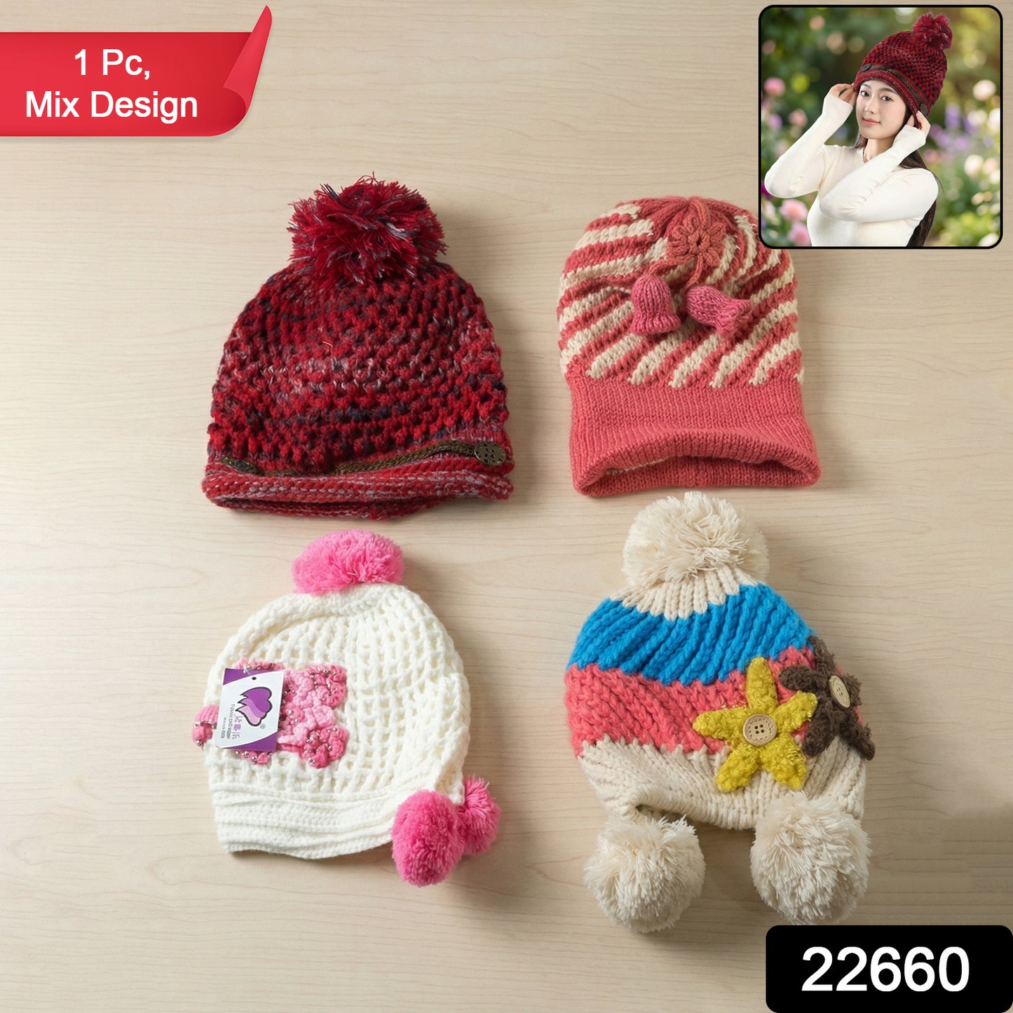 Wukusy cute winter woolen knitted cap for men and women with mixed design, cozy and warm for cold weather.