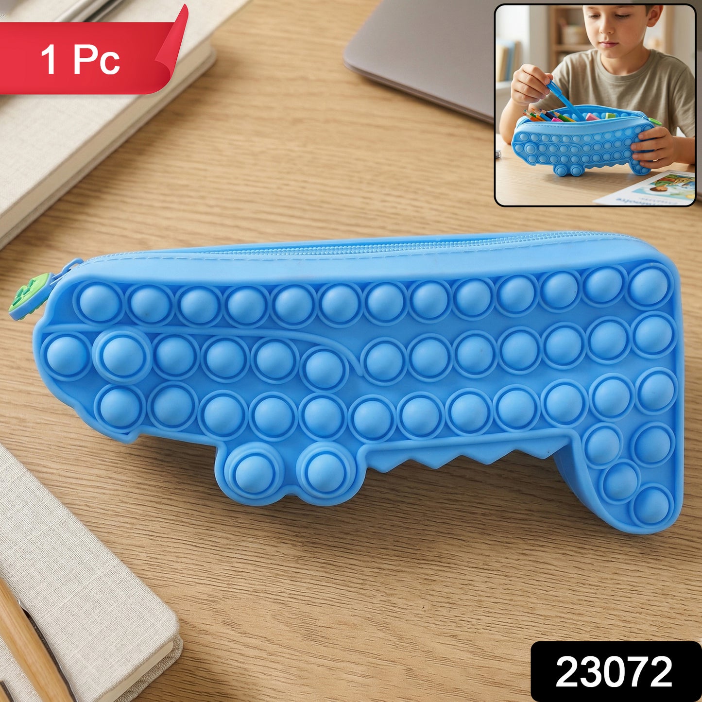Wukusy cartoon crocodile-shaped Pop It pencil pouch with vibrant colors and fun design for school supplies.