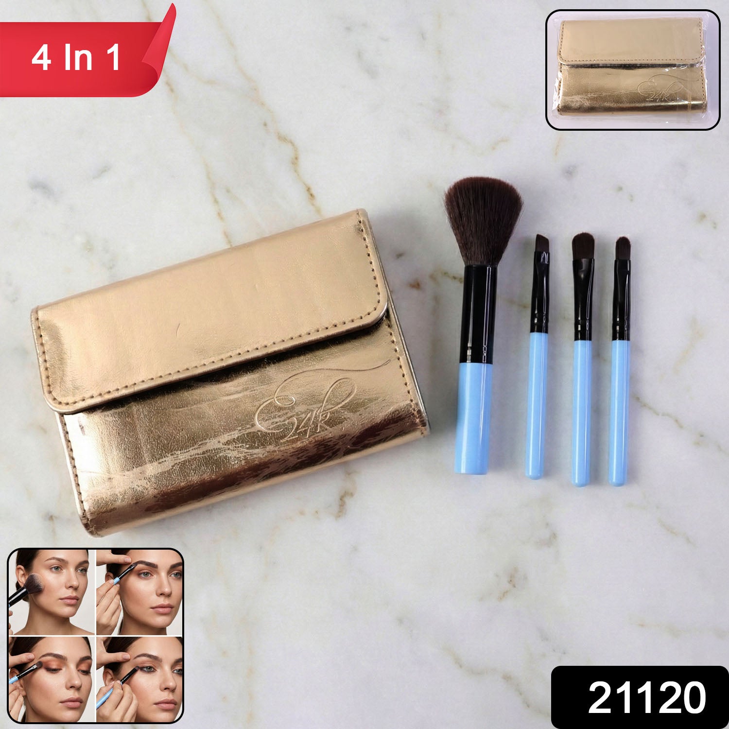 Wukusy 4-in-1 professional makeup brush set with different brushes for foundation, eyeshadow, and blending on a clean white background.