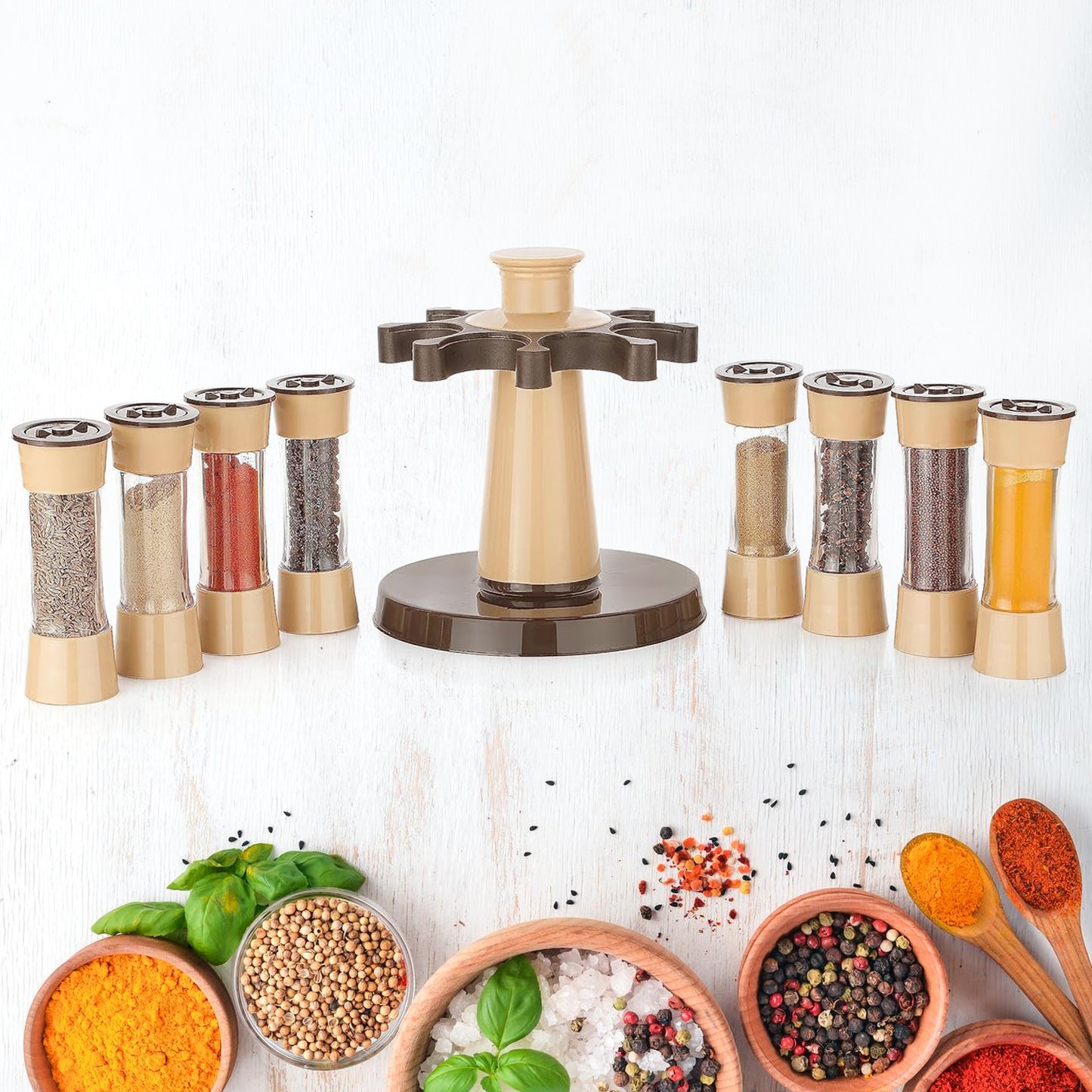 Wukusy 360 revolving spice rack with 8 glass spice jars for kitchen and dining table storage and organization