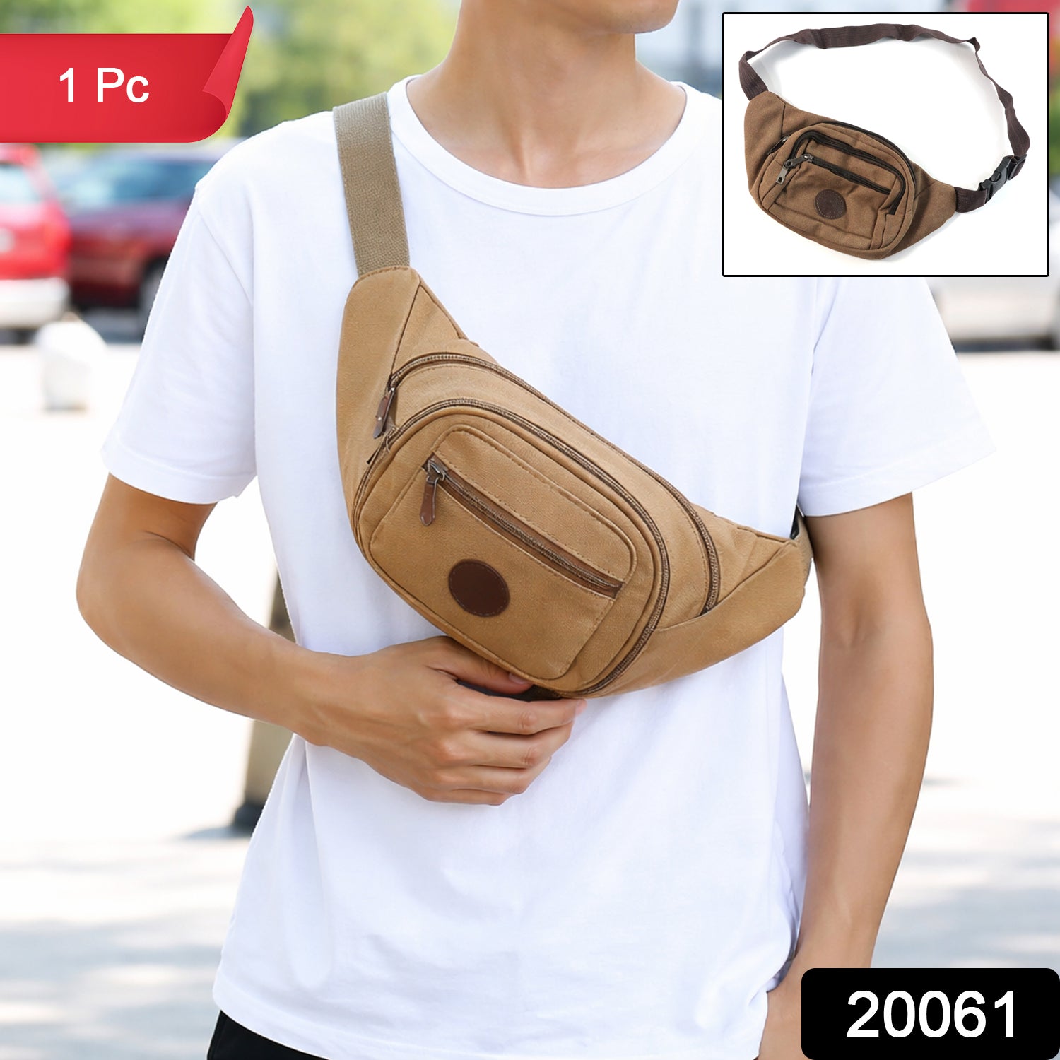Wukusy stylish canvas waist bag for men and women, shown in black with adjustable strap and multiple compartments