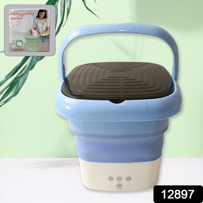Wukusy 12897 portable folding washing machine showing compact design, foldable structure, and laundry drum suitable for socks and baby clothes.