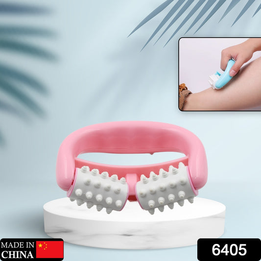 Wukusy 6405 manual round handle plastic massage roller with two rollers for cellulite, muscle relief, and relaxation on legs, arms, and back.