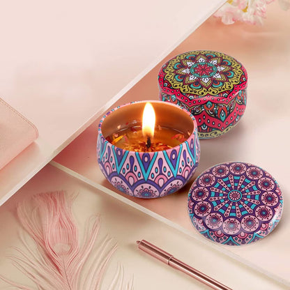 Set of four Wukusy decorative metal candle containers with intricate mandala prints for stylish home decor.