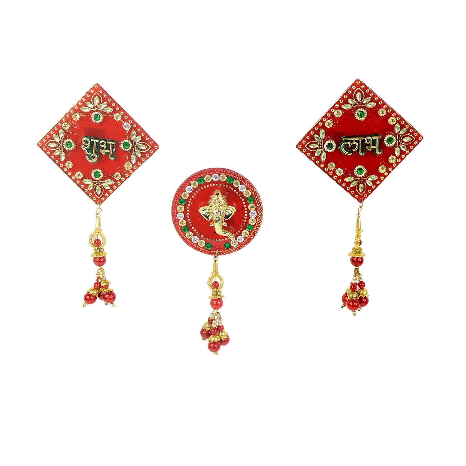 Wukusy decorative wall hanging set featuring Shubh Labh and Ganesh designs, ideal for home decor, includes three intricate wall art pieces.