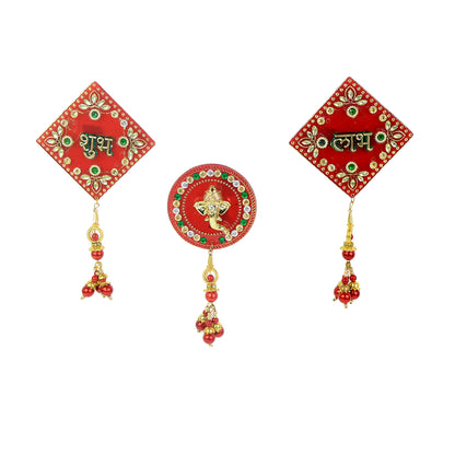 Wukusy decorative wall hanging set featuring Shubh Labh and Ganesh designs, ideal for home decor, includes three intricate wall art pieces.