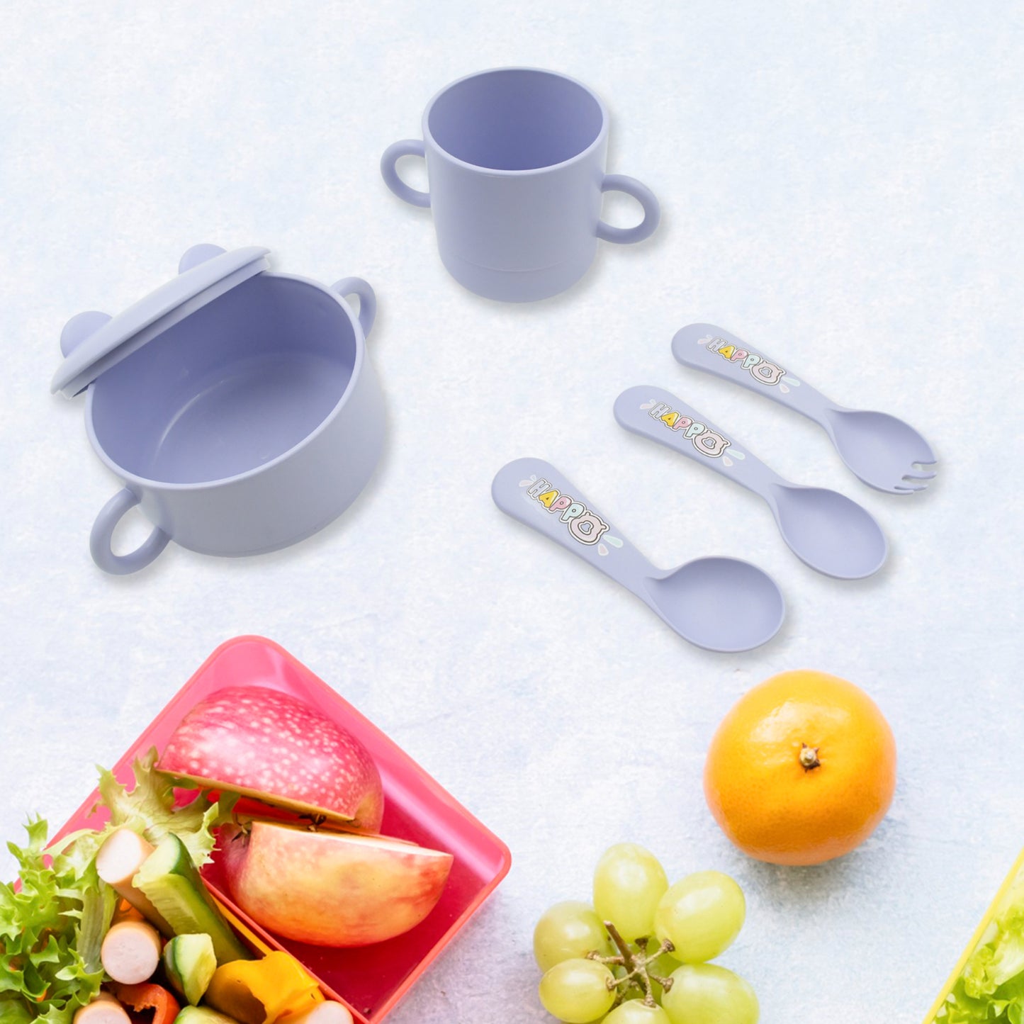 Wukusy bamboo fiber baby feeding set with cartoon design plates, cups, spoons, forks, chopsticks for kids and toddlers.