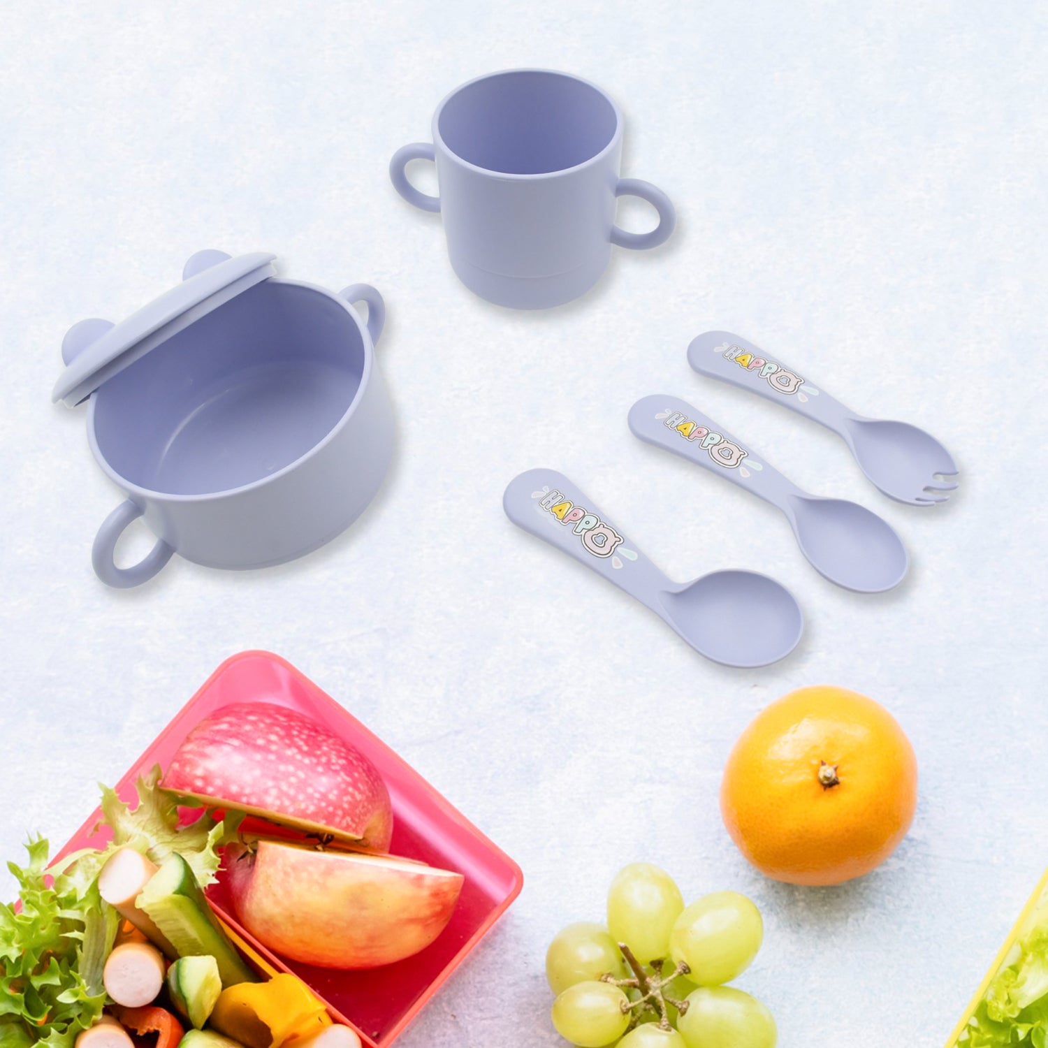 Wukusy bamboo fiber baby feeding set with cartoon design plates, cups, spoons, forks, chopsticks for kids and toddlers.