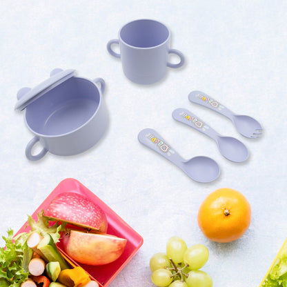 Wukusy bamboo fiber baby feeding set with cartoon design plates, cups, spoons, forks, chopsticks for kids and toddlers.