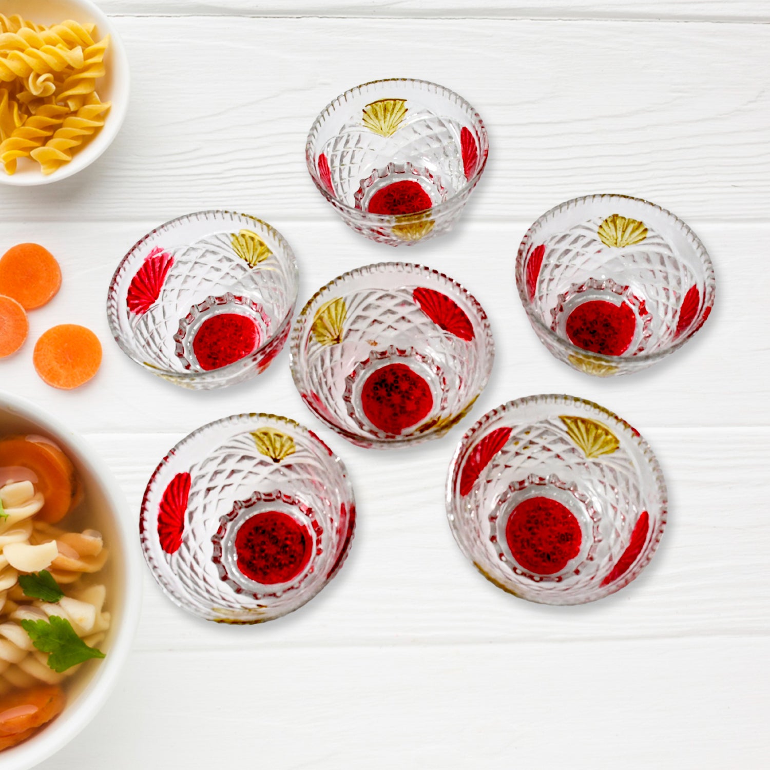 Set of seven Wukusy rose glass bowls for desserts, pudding, ice cream, snacks, fruit, or dips, including six medium and one large bowl.
