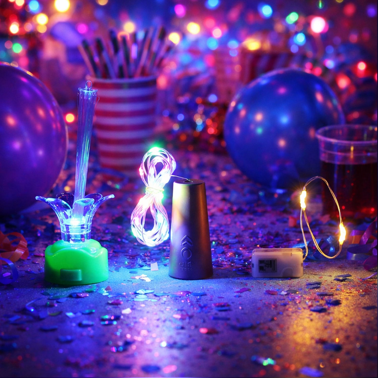 Wukusy 3-in-1 decorative LED party light combo set with colorful string lights, LED lanterns, and string bulbs for festive ambiance.