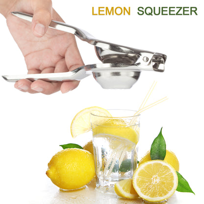 Wukusy stainless steel lemon squeezer, a kitchen tool with a durable handle and juicing basket for citrus fruits.