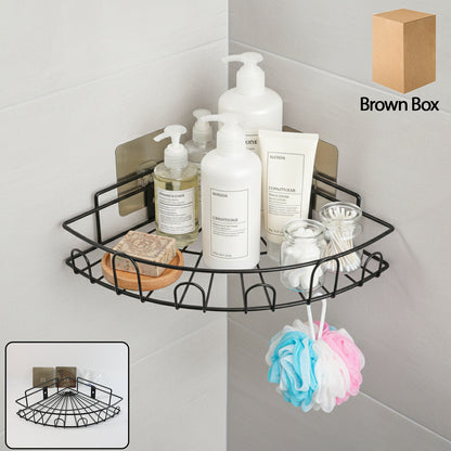 Wall-mounted corner bathroom storage rack by Wukusy, showing durable metal construction with multiple shelves for organizing toiletries.