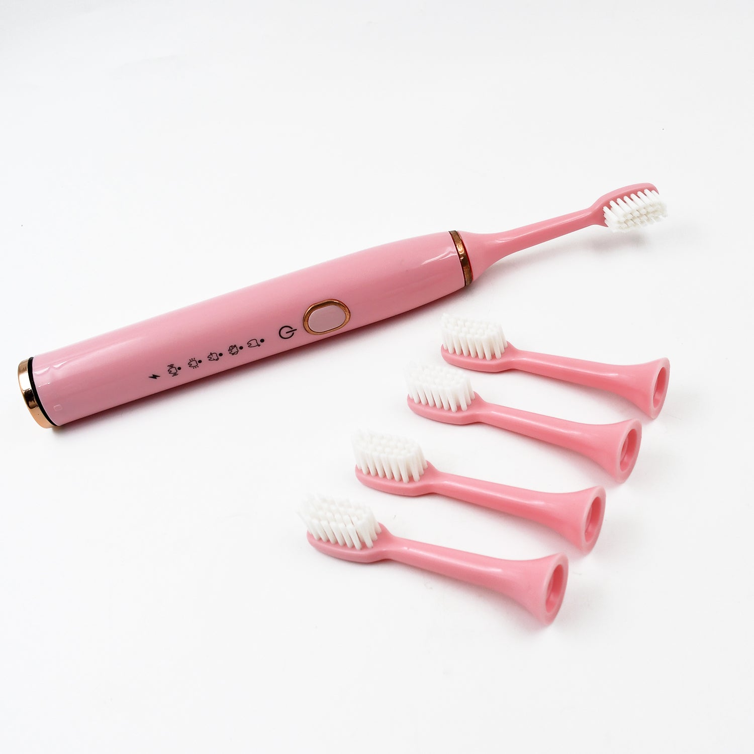 Adult waterproof electric toothbrush by Wukusy with four replacement heads, USB charging, in mixed colors.