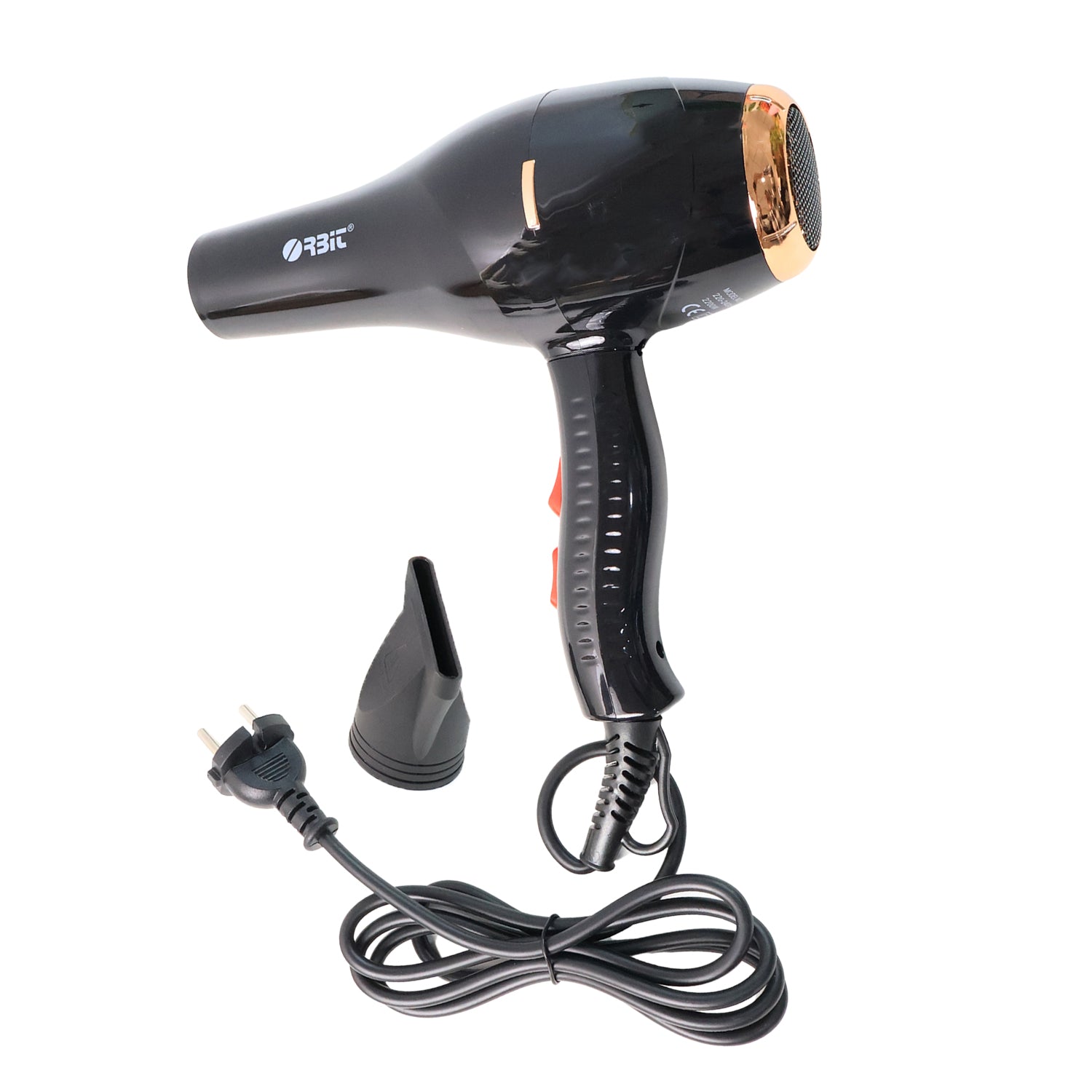 Wukusy Orbit Professional Electric Hair Dryer with concentrator nozzle, black and silver, showing the hair dryer and attached nozzle.