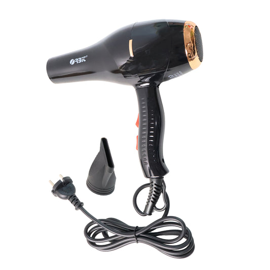 Wukusy Orbit Professional Electric Hair Dryer with concentrator nozzle, black and silver, showing the hair dryer and attached nozzle.