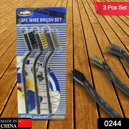 Wukusy 3-piece mini wire brush set with steel, nylon, and brass brushes for cleaning and surface preparation.