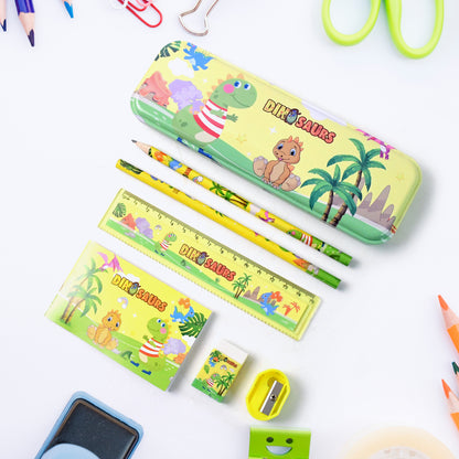 Colorful dinosaur printed kids stationery set by Wukusy featuring notebooks, pens, and stickers with fun dinosaur designs.