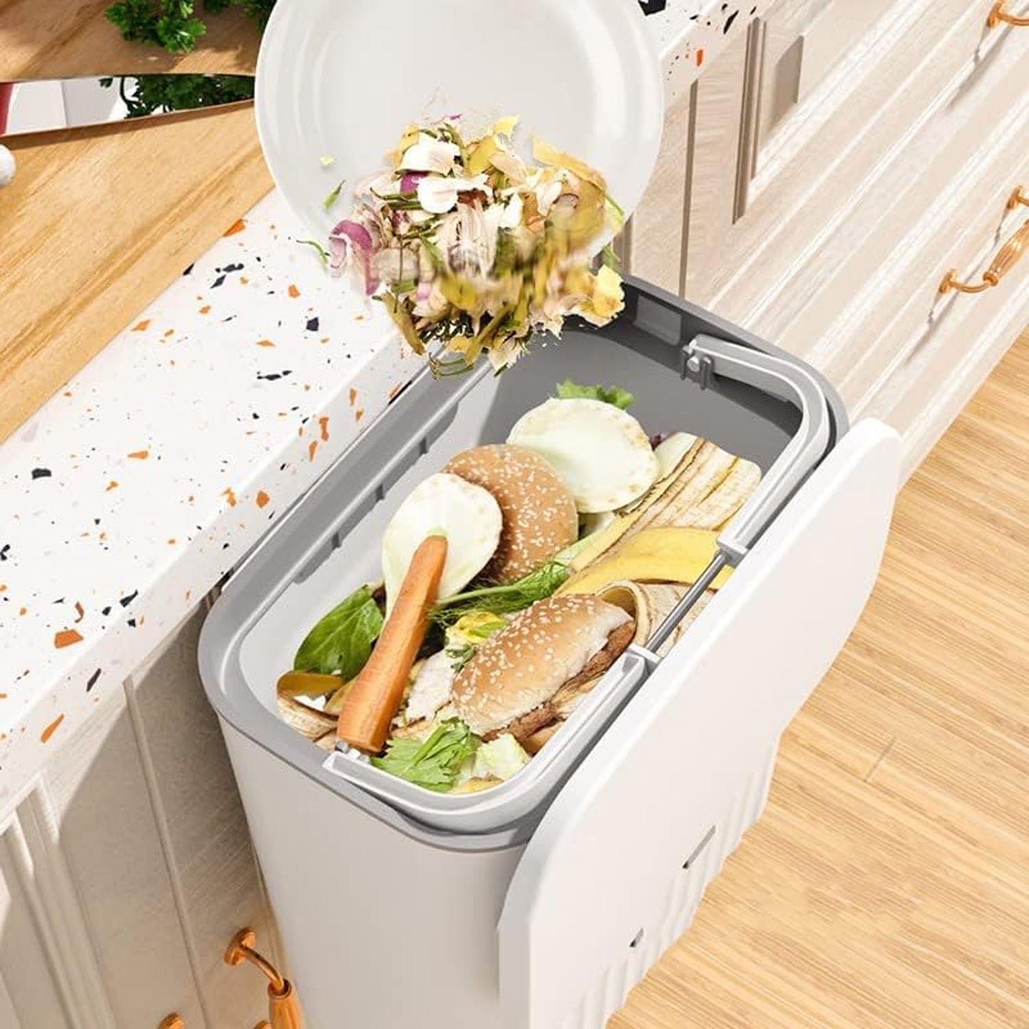 Plastic kitchen dustbin by Wukusy, compact and stylish, with a sleek design suitable for modern kitchen spaces.