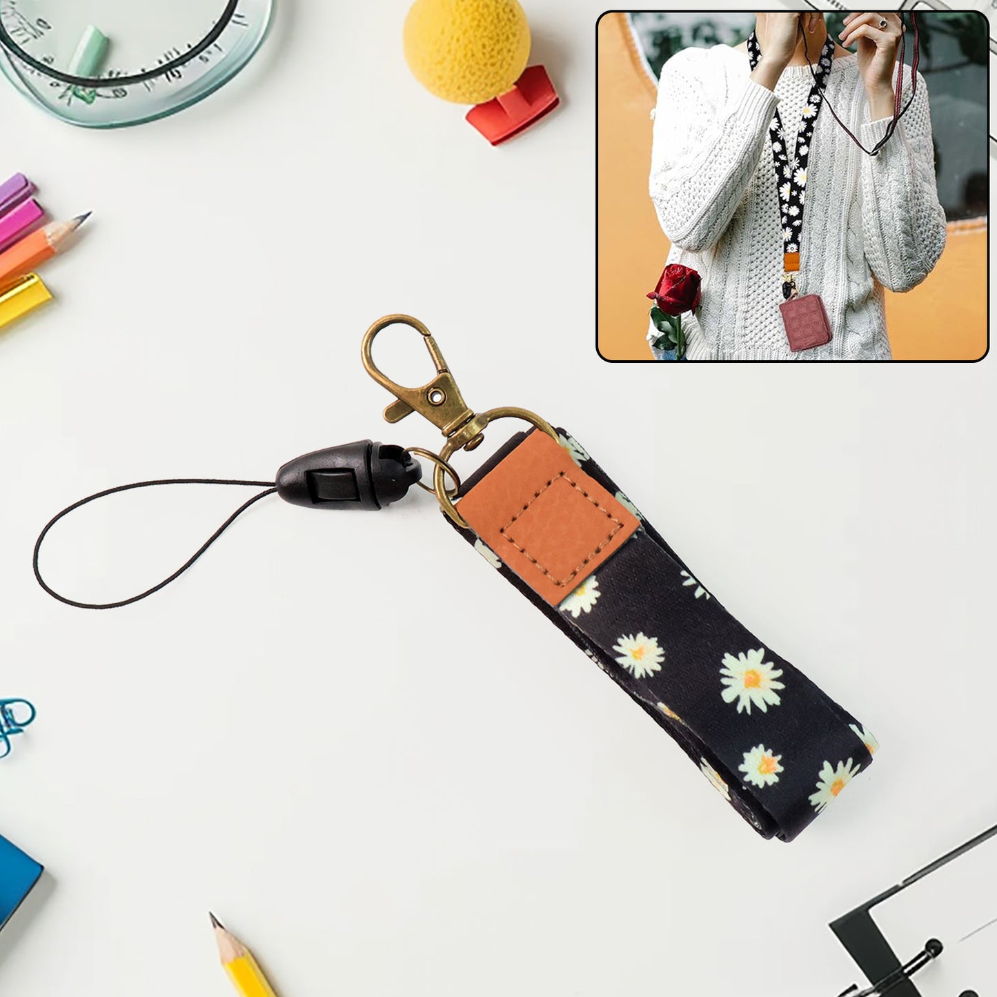 Wukusy floral print neck lanyard strap with clip hook, ideal for mobile phones and office use, colorful floral design with secure clip.