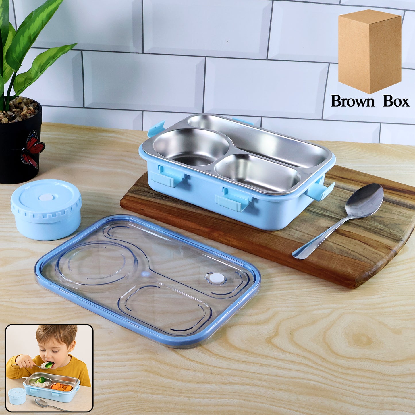 Stainless steel compartment lunch box by Wukusy with multiple sections for home and kitchen use, ideal for meal organization.