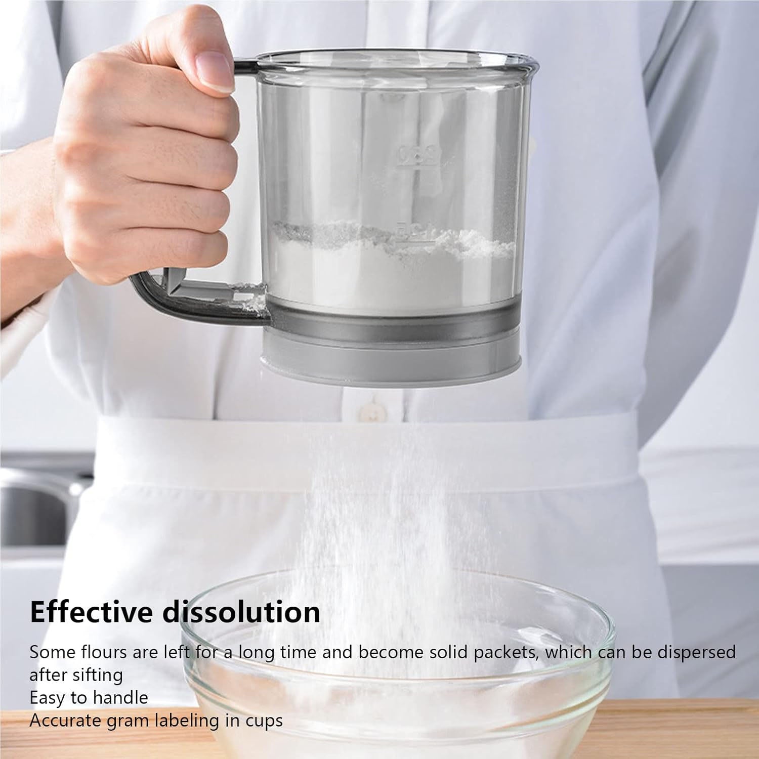 Wukusy plastic flour sieve cup with handle and fine mesh filter for kitchen baking, shown with a clear view of the sieve and handle