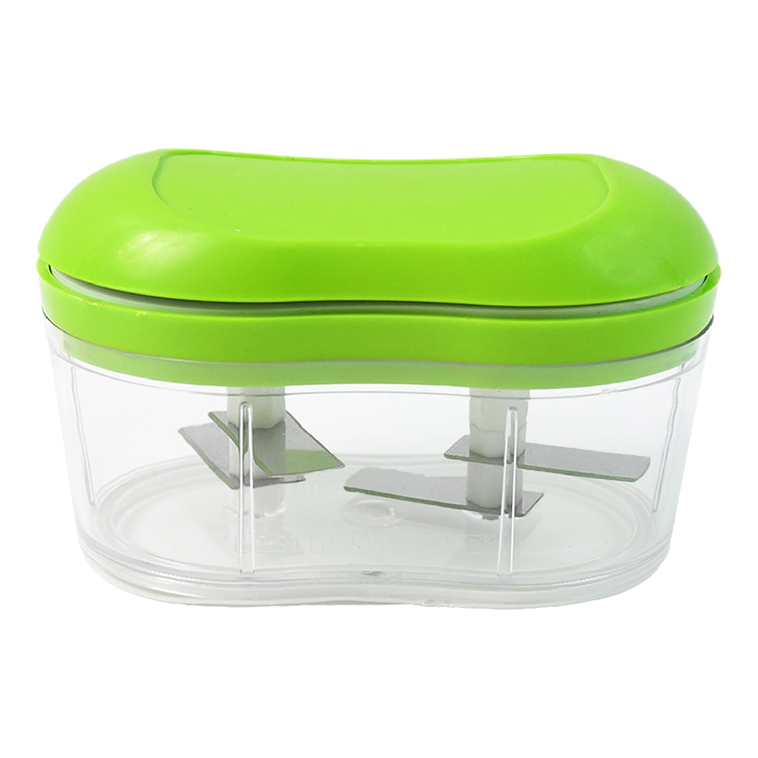 Wukusy manual hand push garlic cutter and vegetable chopper with stainless steel blades on a kitchen countertop.