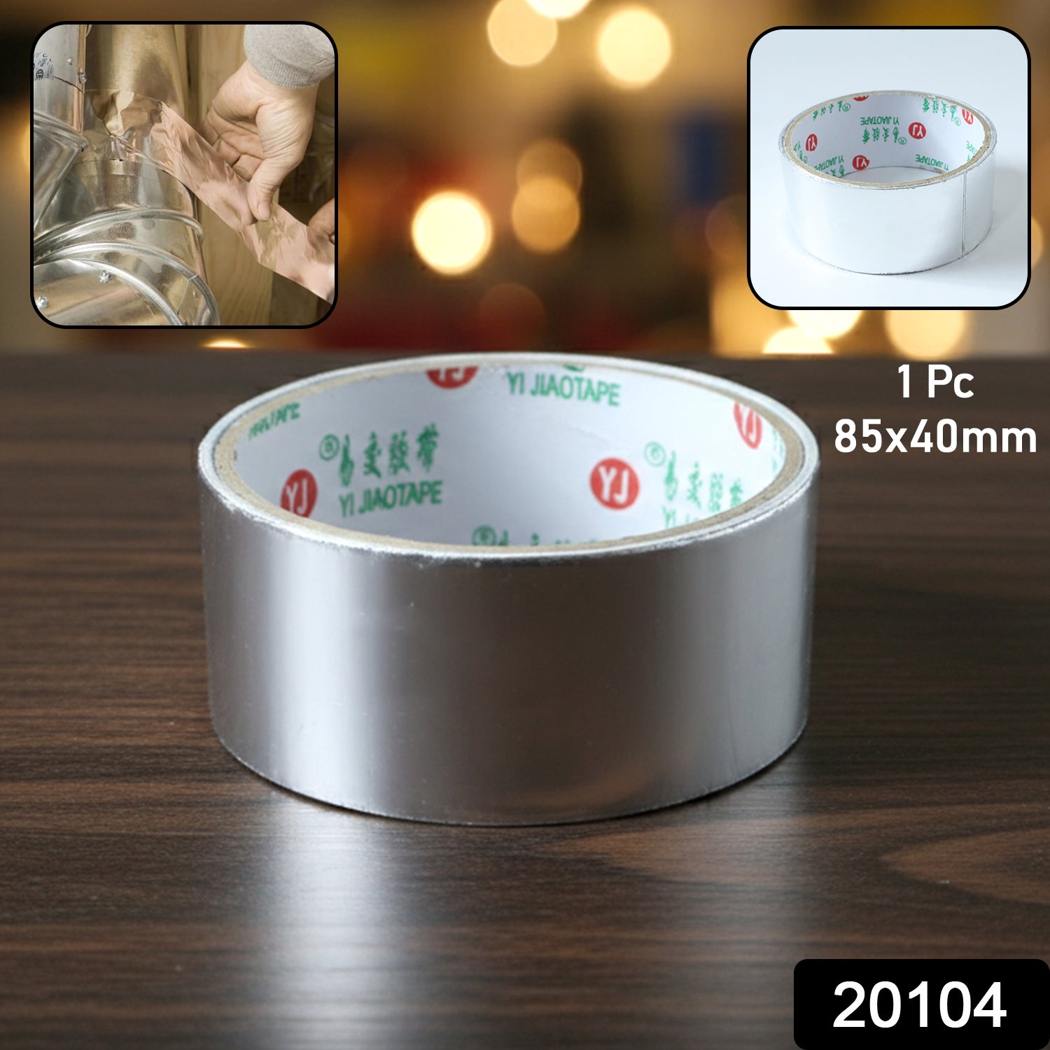 Heavy-duty aluminium foil adhesive tape by Wukusy, 8540 mm length, showing the shiny metallic surface and adhesive backing on a clean surface.