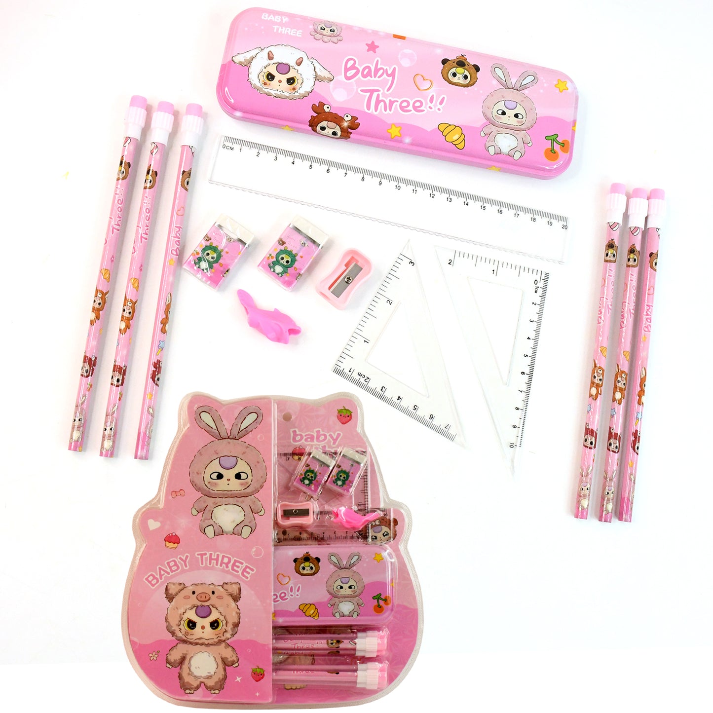 Colorful Wukusy cartoon stationery gift set for kids with 14 pieces including pencils, erasers, and stickers.